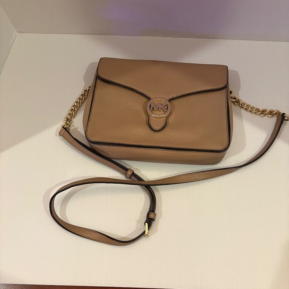 MICHAEL KORS Vanna Medium Shoulder Flap Pebbled Leather Brown Crossbody Purse - Picture 1 of 12